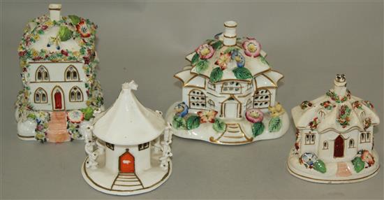 Four Staffordshire porcelain cottage and toll house pastille burners, c.1835-45, height 9.5 - 12cm